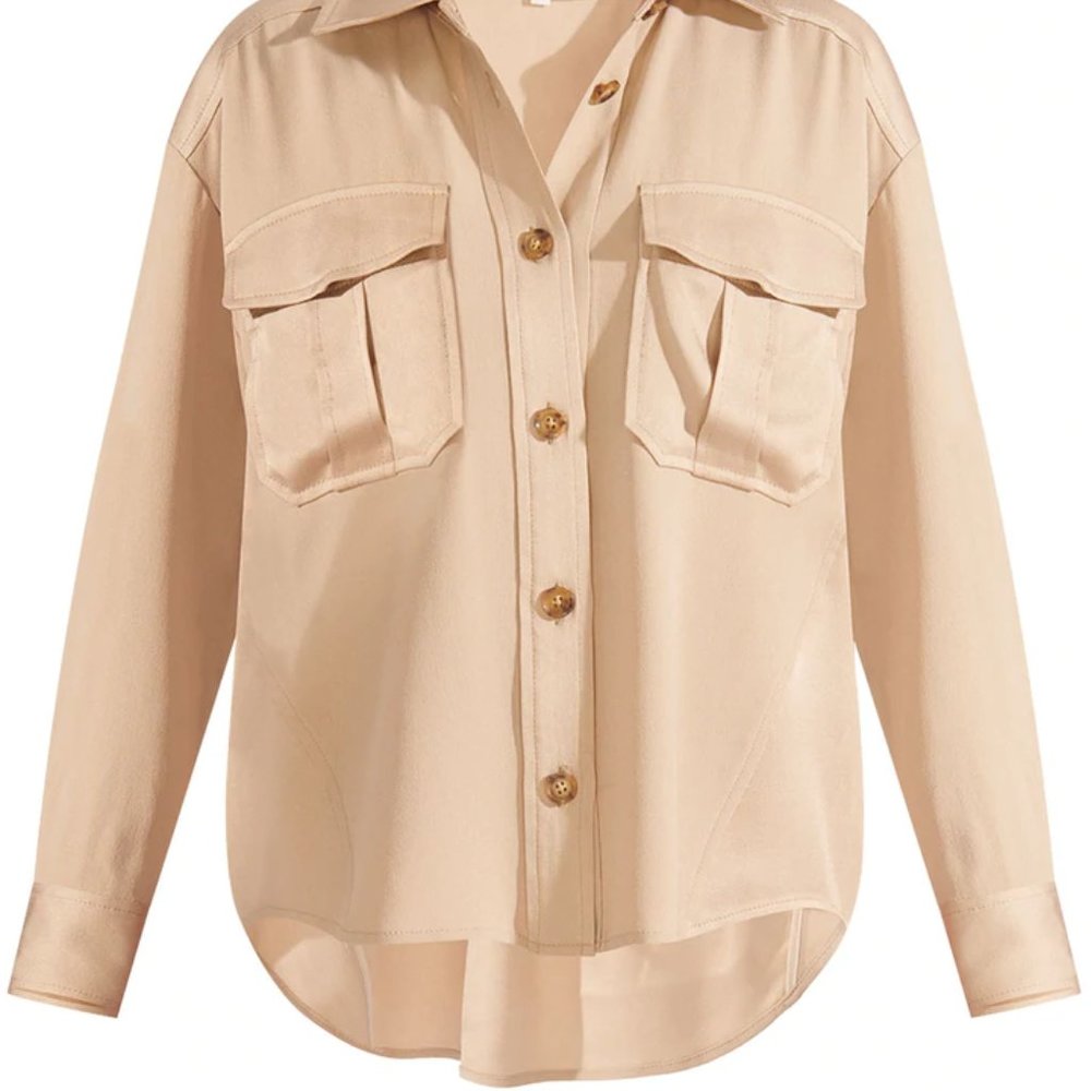 Veronica Beard M Luxe Crepe Button Down Blouse Long Sleeve Shirt Sand size 6 - Picture 2 of 16